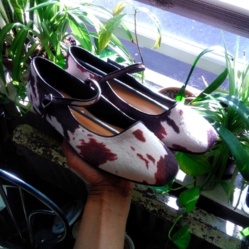 Ballet Mary Jane Flats in Brown & White Cowhide Print - Picture 14 of 14